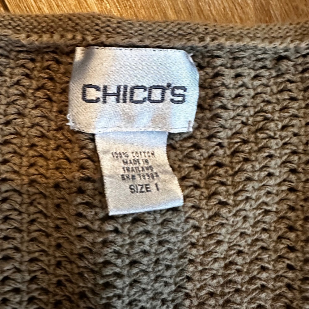Chicos Cotton Open Knit V-Neck Sweater Olive Taupe Kangaroo Pocket Size 1 M - Picture 3 of 7
